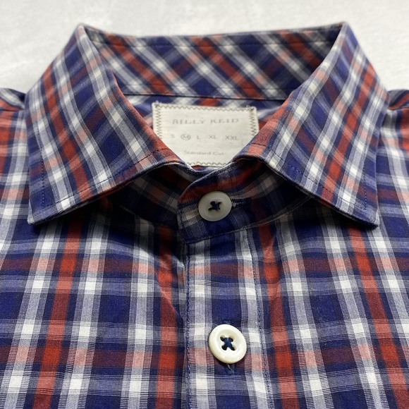Billy Reid John Standard Cut Plaid Long Sleeve Button Shirt (Blue/White/Orange) - Picture 7 of 16
